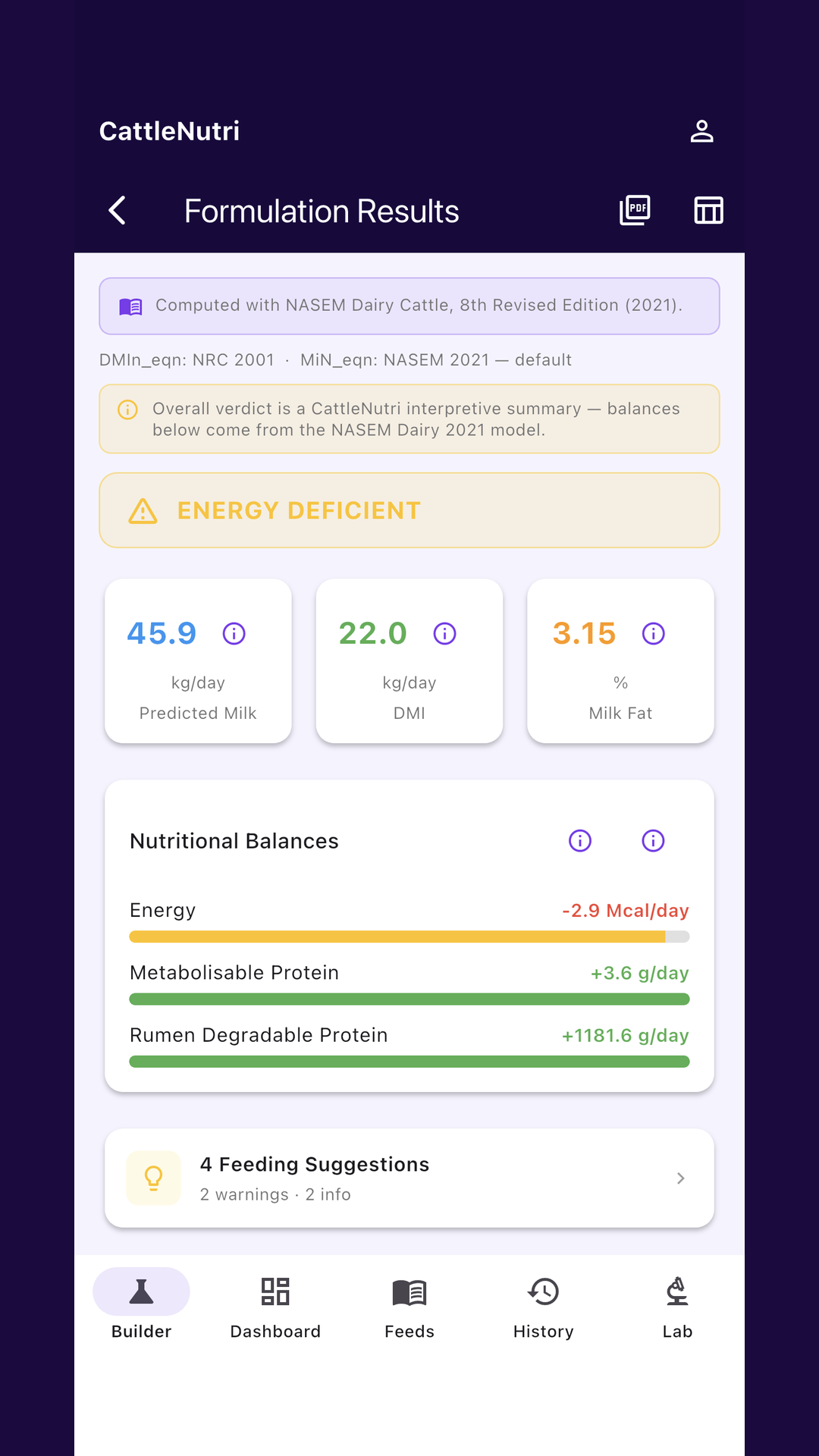 CattleNutri formulation results on a phone
